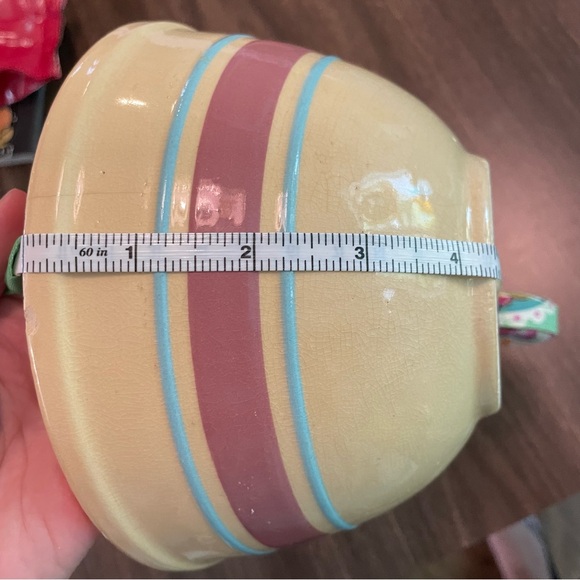 SOLD Watt Pottery Yellow Ware Pink & Blue Band #7 Mixing Bowl Hairline Cracks - Picture 12 of 13